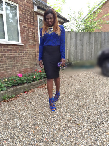 BLUE ASOS CROP TOP, AND HOUSE OF CB BLACK BANDAGE SKIRT